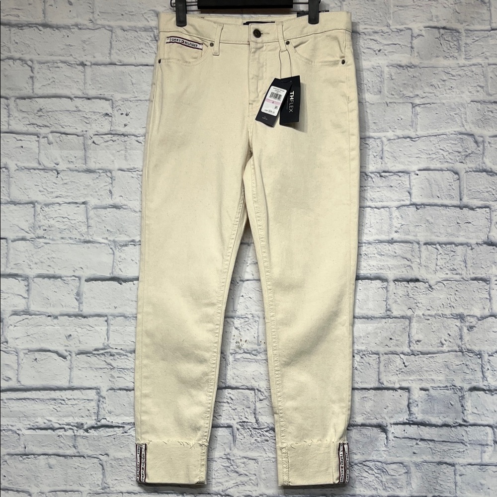 NWT-Tommy Hilfiger Cream Straight-Leg Jeans with Signature Trim Tribeca Skinny